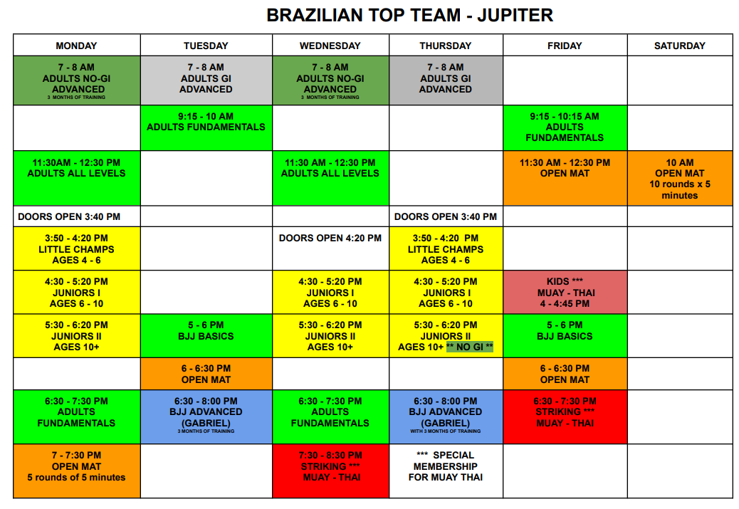 BTT Jupiter 2026 Full Class Schedule